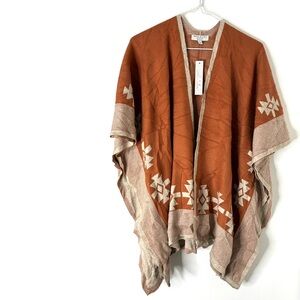 Poof Burnt Orange Neutral Western Aztec Knit Poncho Sweater NWT